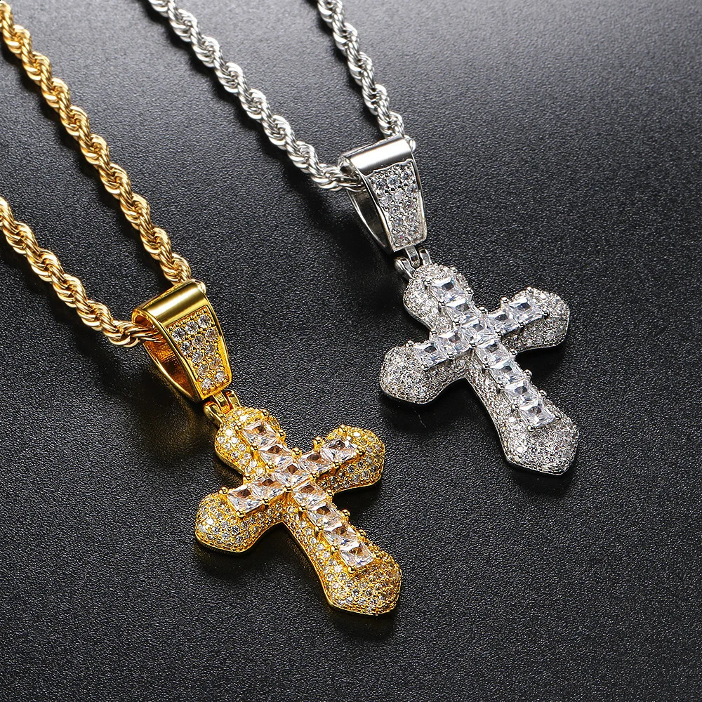 Hip Hop Cross Necklace For Men AA Cubic Zirconia Iced Out Pendant Gold Color Stainless Steel Rope Chain On Neck Jewelry OHP141 240814