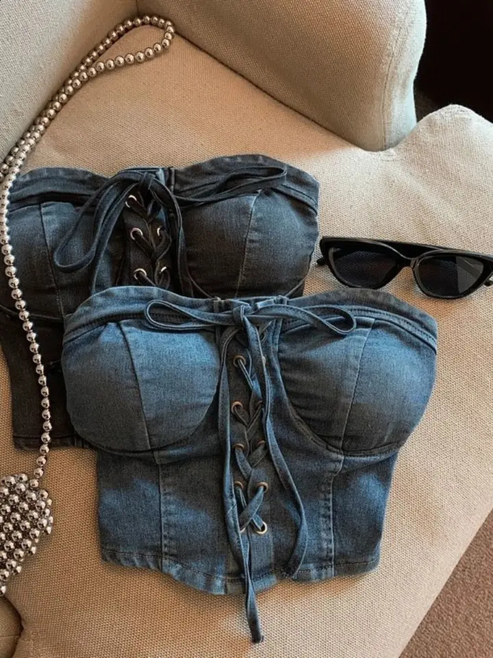 Sexy girl retro single shoulder denim bra with vest womens vest summer sexy lace waist bag slim suitable for crop tops women 240821