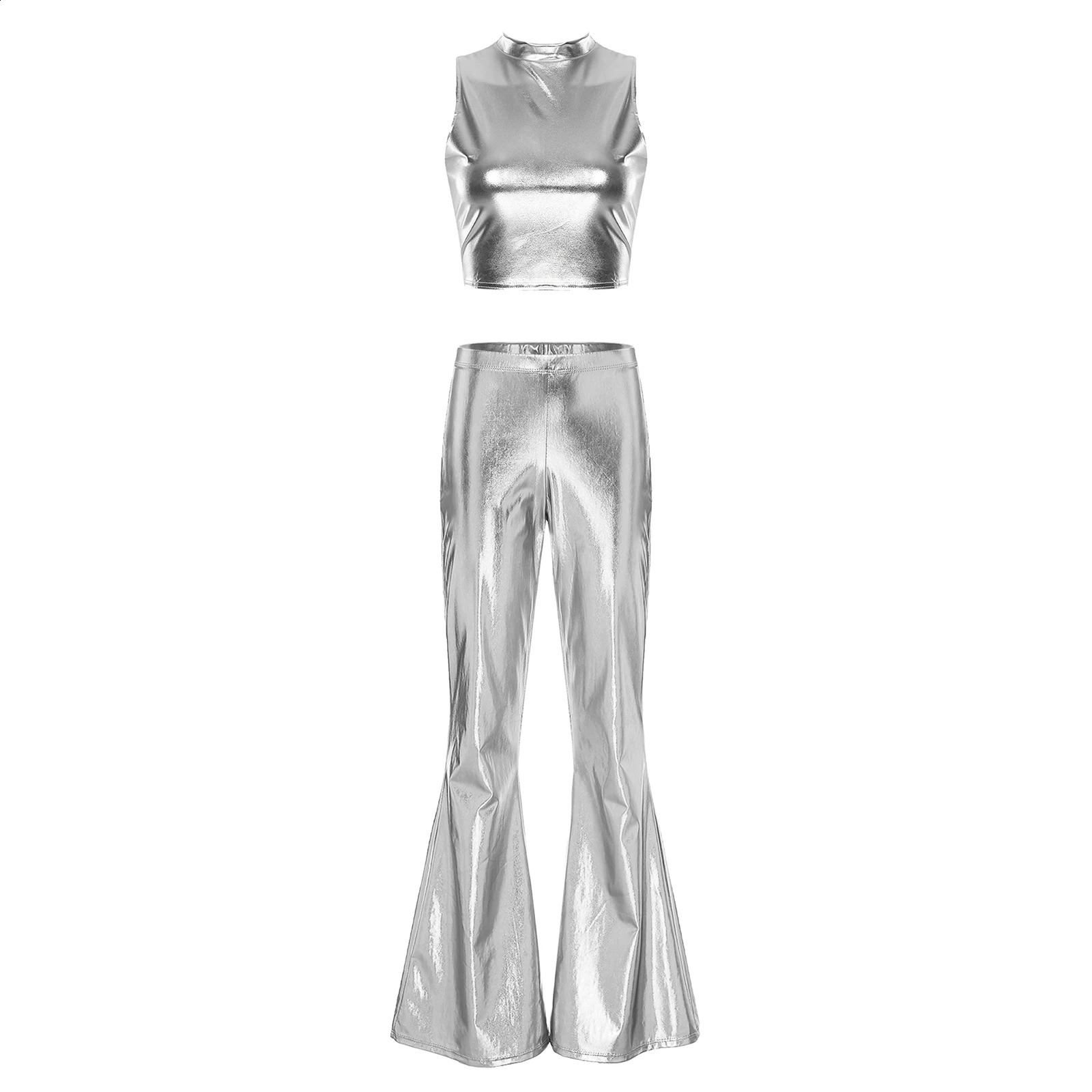 Shiny Womens Metal 70s and 80s Disco Dance Party Sleeveless Ultra Thin Tank Top Clock Bottom Shining Pants Set Stage Performance 240824