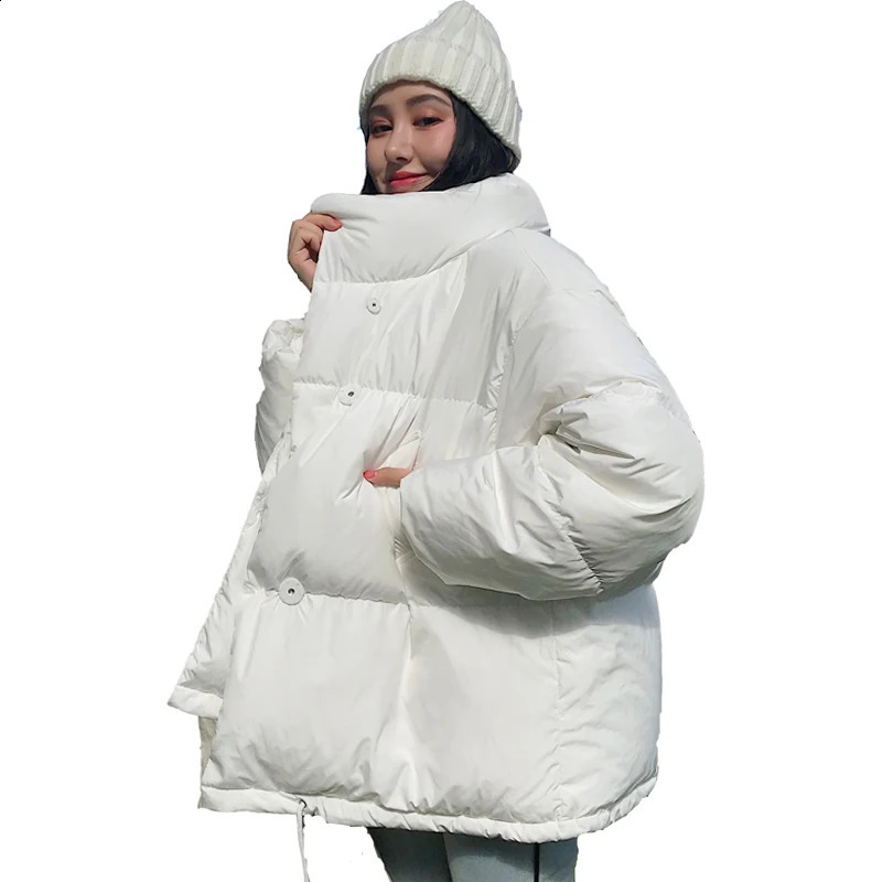 Korean Style Winter Jacket Parka Stand Collar Solid Black White Female Coat Loose Oversized Womens Short 240821