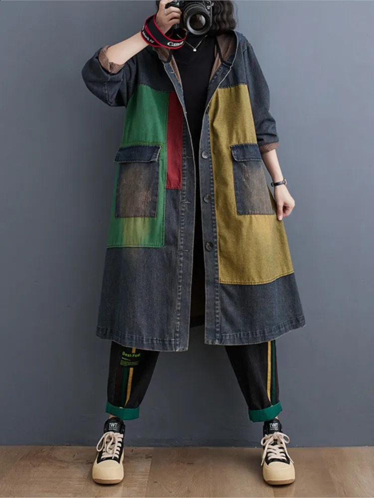 Oversized Autumn Denim Long Hoodies Trench Coat Women Modis Print Patchwork Ladies Windbreaks Casual Loose Woman 2023 240820