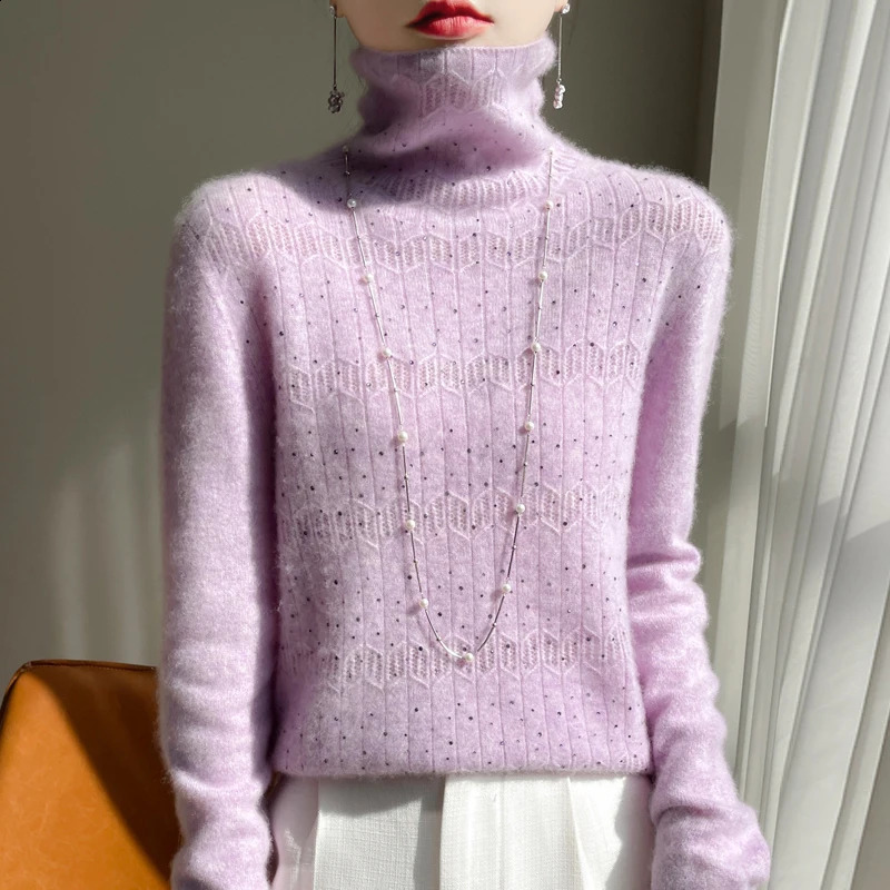 Pull de cachemire à col élevé incrusté de diamant pour les femmes en automne et en hiver 100 pulls empilés de colliers et de fond 240820