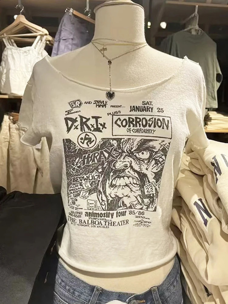 Anime Print Vintage T Shirt Women Casual Summer White Round Neck Short Sleeve Raw Hem Tees Female Y2k Streetwear Cotton Tops 240821