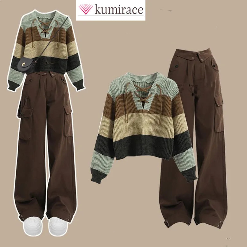 Autumn and Winter Womens Set Korean Striped Knitted Sweater Womens Slim and Versatile Workwear Pants Two Piece Set 240821