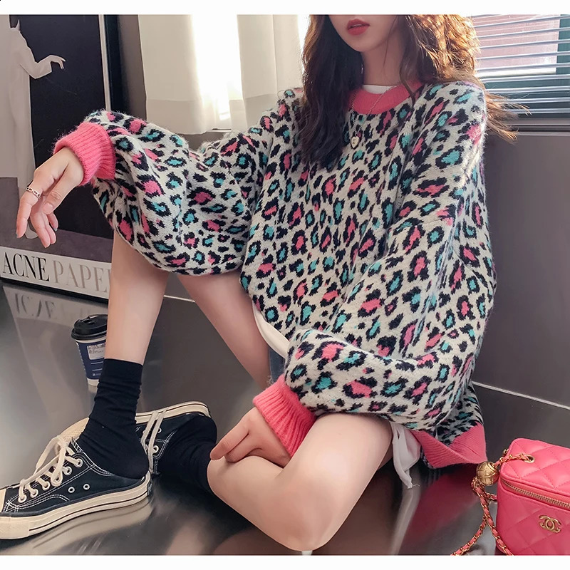 Women Leopard Pullover Knitted Sweater Harajuku Aesthetic Y2k Large Size Long Sleeves Sweaters Fashion Vintage 2000s Clothes 240820