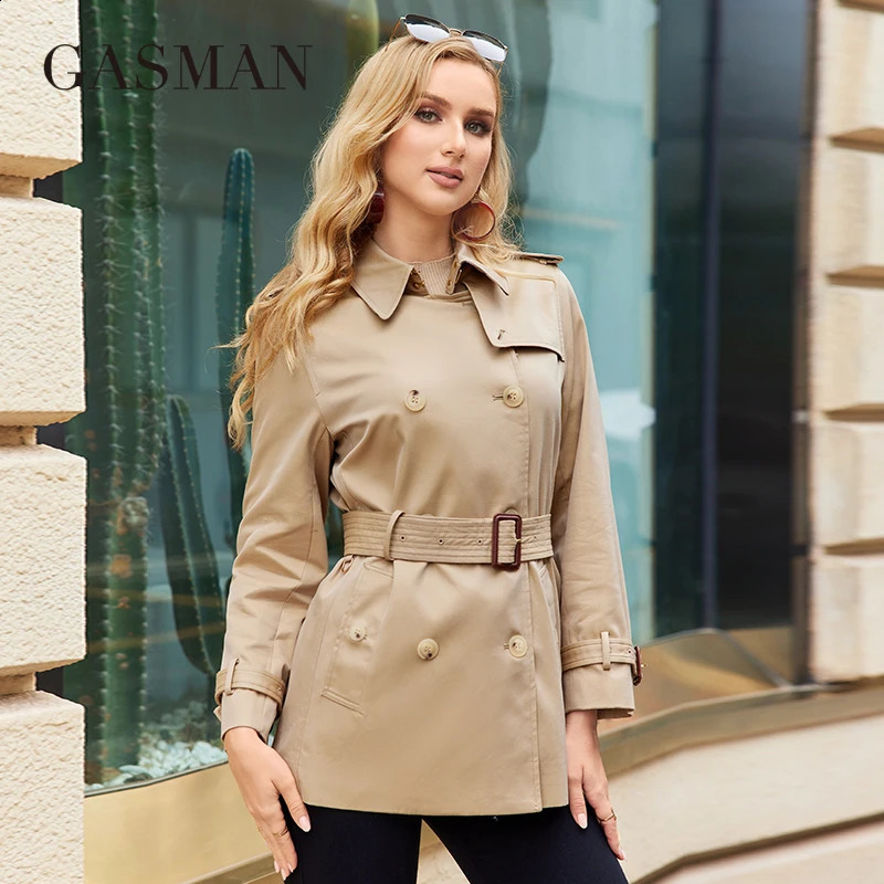 GASMAN 2023 Short Khaki Trench Women Coat Autumn Winter Turn Down Collar Female Jacket Clothes Causal Belt Outerwear 83306 240820