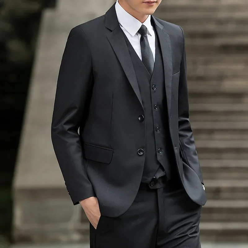S-6XL jacketvestpants mens business formal set slim and elegant 3-piece set black navy blue wine red gray wedding dress 240821