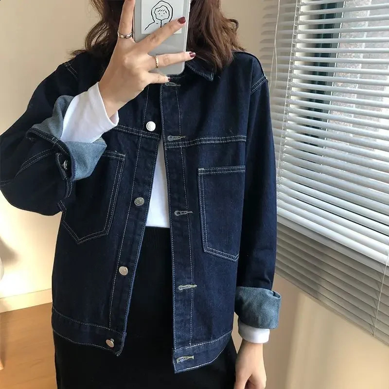 Deep Blue Denim Jacket Womens 2024 Spring Autumn Petite Salted Street Cropped Top For Fashion 240820