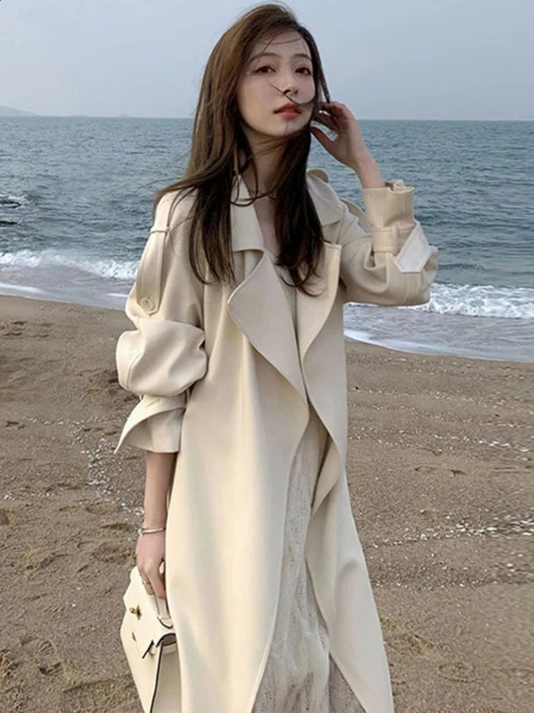 Trench Coat for Women 2023 Windbreaker Spring and Autumn High Grade Draping Medium Long Solid Color Temperament Slim Fit 240820