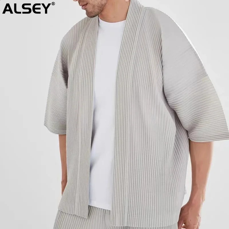 ALSEY Miyake Pleated Mens Half Sleeve Cardigan Shirts Summer Korean Suit Casual Solid Color Casual Plus Size Tops 240820