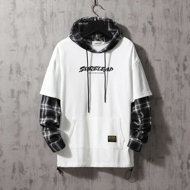 Black Tartan Patchwork Hoodies Autumn Spring Mens Sweatshirts Hiphop Punk Streetwear Casual Pullover Hoodie Black Lattice 240821
