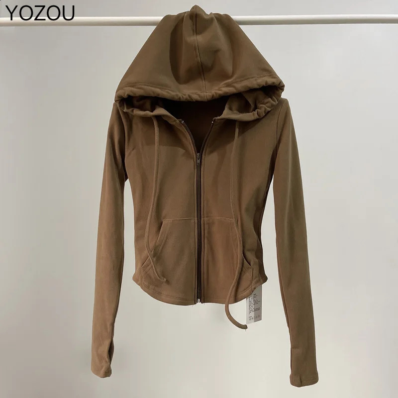 YOZOU Solid Fleece Full Zip Hoodie Y2k Basic Hooded Sweatshirts Slim Sports Brown Black Beige Baby Top Women Grunge Clothing 240820