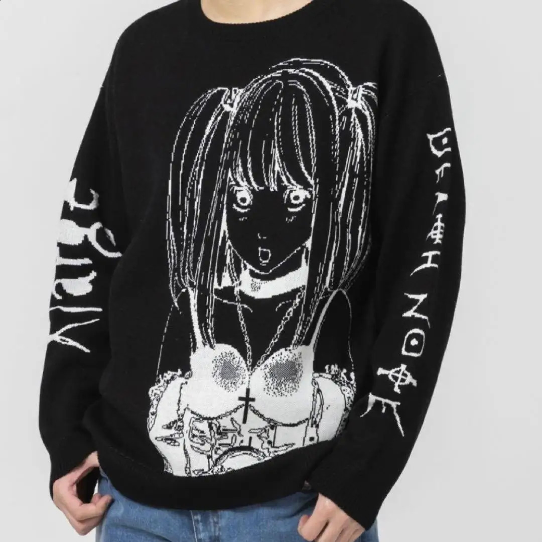 Y2k Street Dress Girl Oversized Harajuku Knitted Mens and Womens Knitted Gothic Anime Printed Pattern Round Neck Hoodie 240820