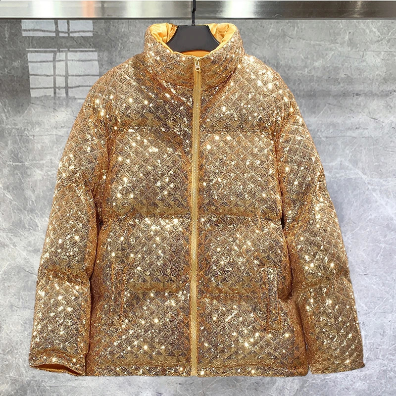 Men d'automne Hiver Stand Collar paillette Veste coréenne Couleur solide Couleur lâche Bourcure épaissie chaude parka Homme Snow 240821