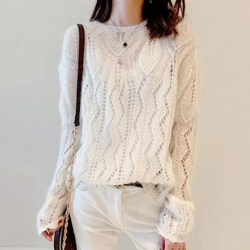 ZHUANQING Womens White Knitted Mohair Oversized Long-Sleeved Pullover Sweater Fall Fashion Simple Lazy Hollow Harajuku Sweat 240820