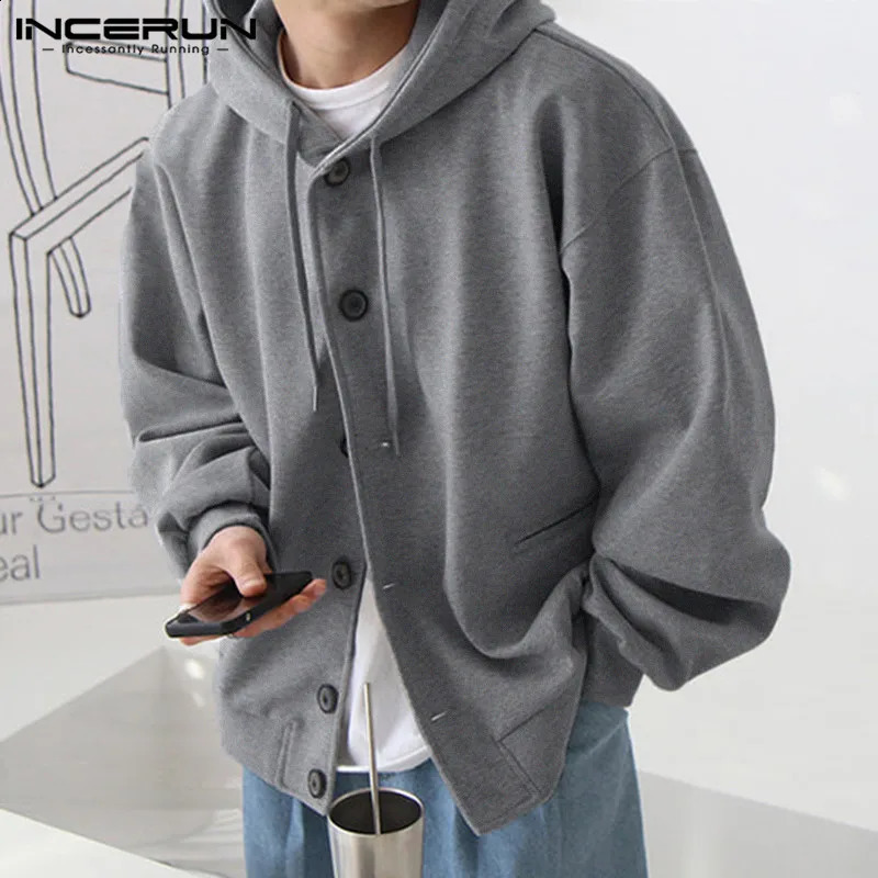 INCERUN Tops 2024 Korean Style Mens Solid Loose Fitting Hooded Button Sweatshirts Casual All-match Sweater S-5XL 240814