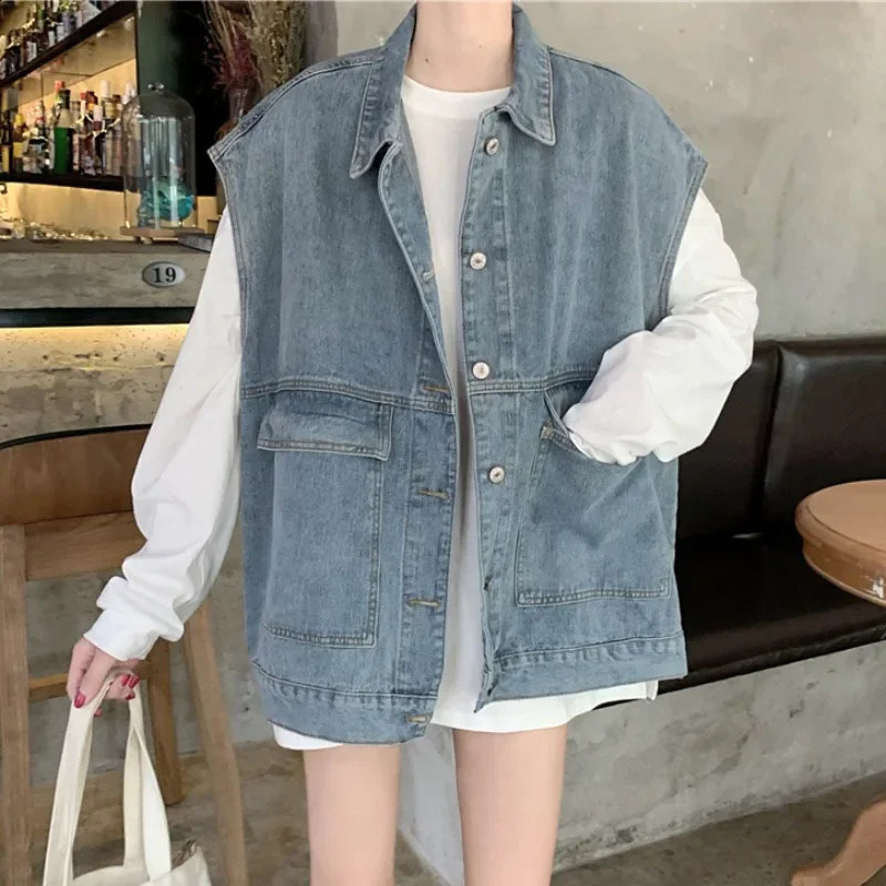 Womens denim vest single chest top sleeveless jacket 2024 summer couple casual jeans womens retro jacket 240821