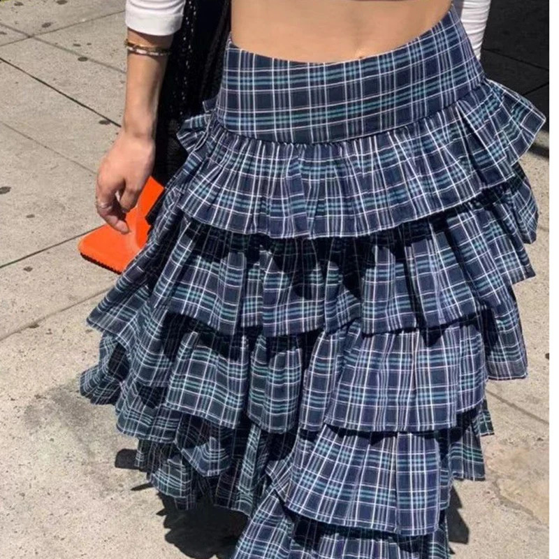 Set Womens Spring Retro Sweet and Spicy Checkered Tank Top High Waist Slim Spliced Long Skirt 240820