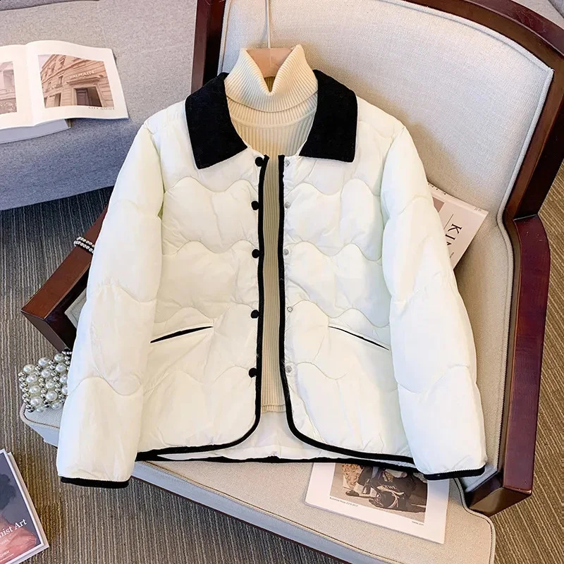 ew Thickened Cotton Jacket For Women Short Spring Autumn Winter Coat Splicing Korean Clip Warm Casual Outerwear 240821