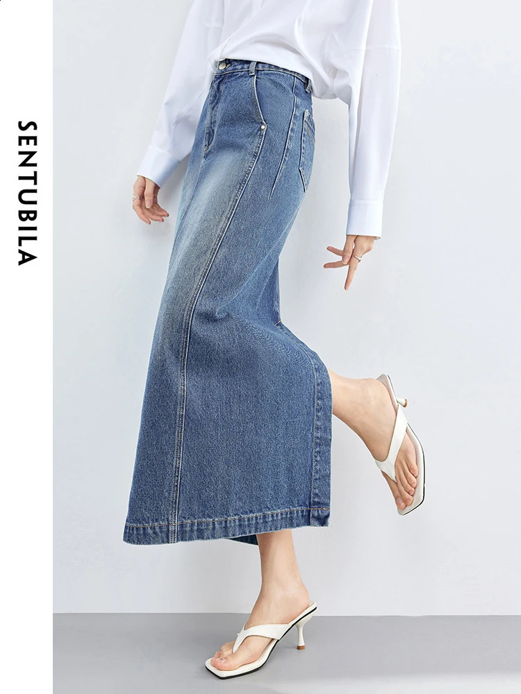 Sentubila Cotton Denim Long Jupe pour femmes Robes droites de la rue High Street Spring Automne avec vêtements de femme à fente W41Q53229 240820