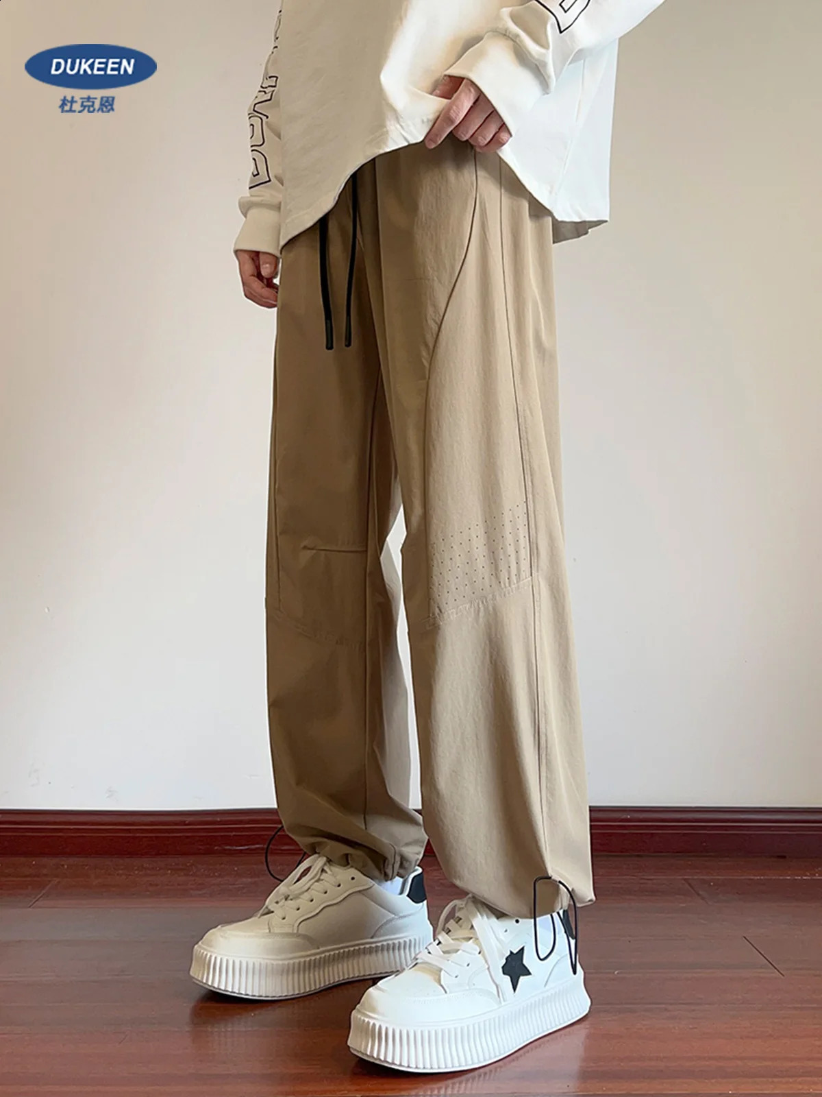DUKEEN Ice Silk Mens Pants Summer Black Thin Casual Pants Outdoor Quick-Drying Sweatpants Elastic Straight Leg Korea Work Wear 240820