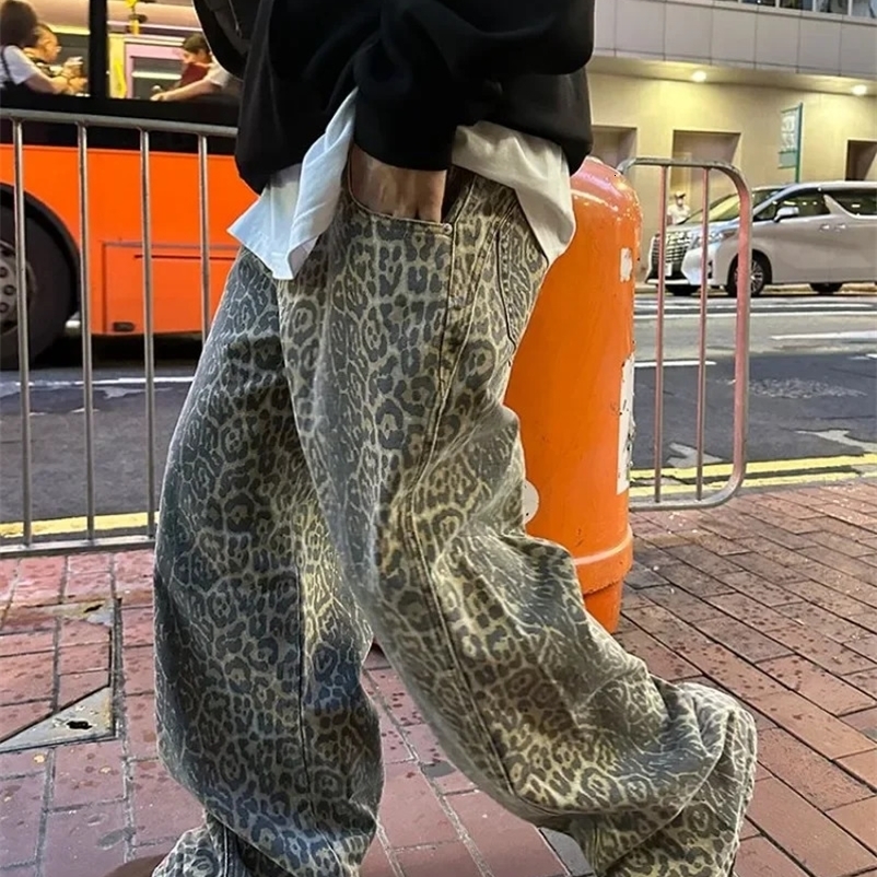 Y2K Harajuku retro washed leopard pants hiphop high waist straight baggy jeans mens punk street costume Gothic wide y240820