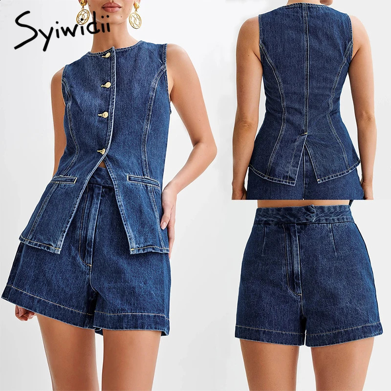 Syiwidii ​​Veste sans manches pour femmes et shorts denim ensembles de vêtements français sets haute mode d'été y2k 2pcs 240821