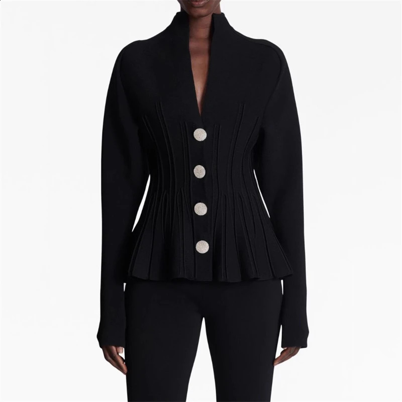 autumn and winter womens V-neck heavy crystal button waist knitted cardigan y2k Korean version slimming hollow high-end top 240820