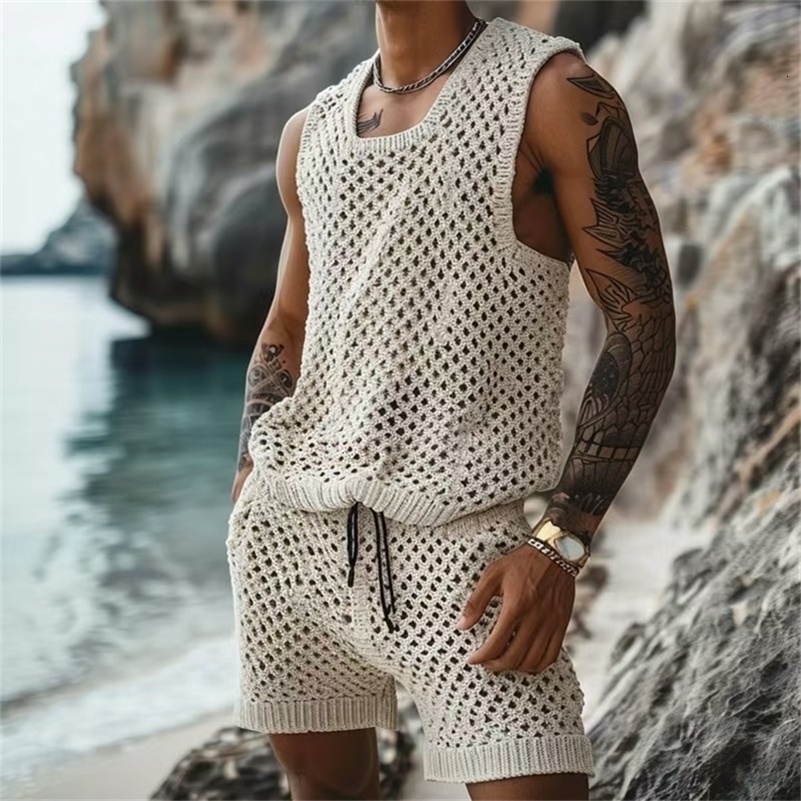 Mens Suits Summer Leisure Knit Clothing Solid Hollow Out Casual Sleeveless Vest And Shorts Two Piece Sets Men Outfits y240820