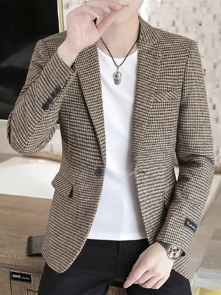 Mens Spring and Autumn Business Leisure Hound Flat Jacket Long Sleeve Jacket in 3 Colors Available in Large Size Set 240821