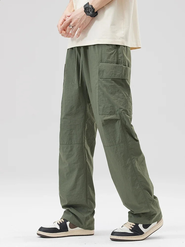 Spring Summer Cargo Pants Men Streetwear Multi-Pockets Quick Dry Nylon Casual Pants Loose Straight Trousers Male 240820