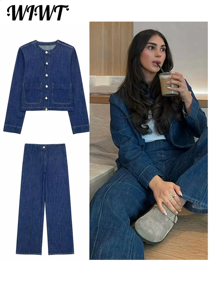 Retro denim jacket womens 2-piece set O-neck long sleeved single breasted jacket womens set 2024 office womens business set 240821