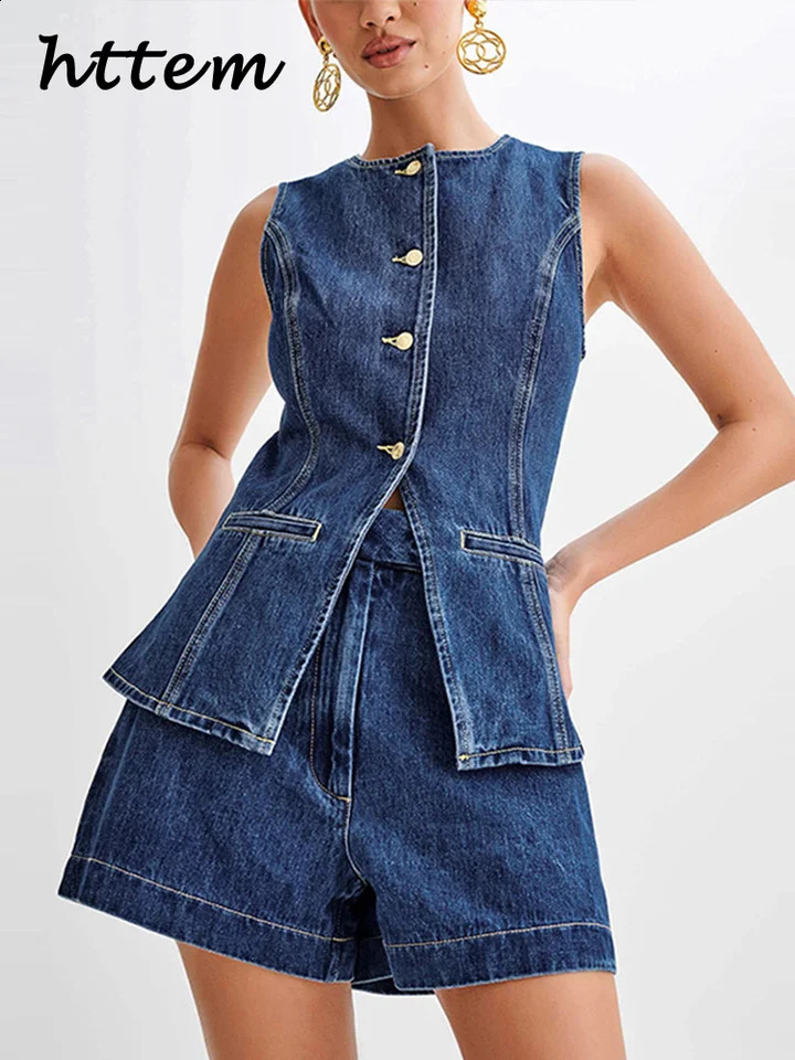 Casual denim 2-piece set for womens ultra-thin O-neck sleeveless single chest vest wide leg shorts 2024 summer casual womens office set 240821