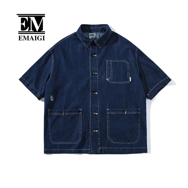 Summer japonais Fashion Vintage Denim Shirts pour hommes Streetwear coréen Loose Casual Short à manches courtes en denim
