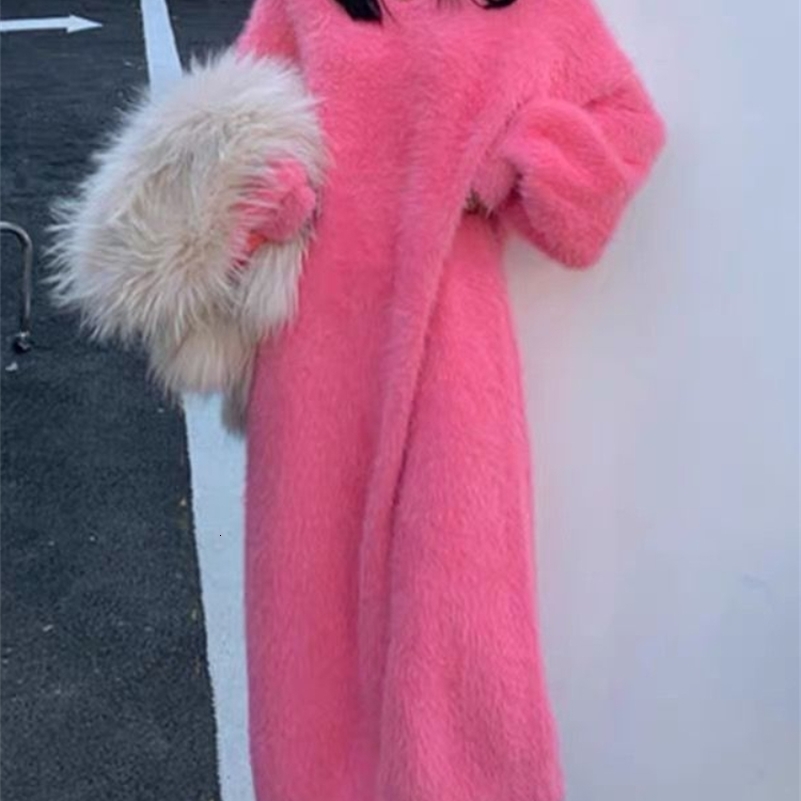 Womens Sweater Dress Autumn Winter Korean Edition Lazy Knitted Mid Length Loose O-neck Underlay Mimetic Mink Dress 240820