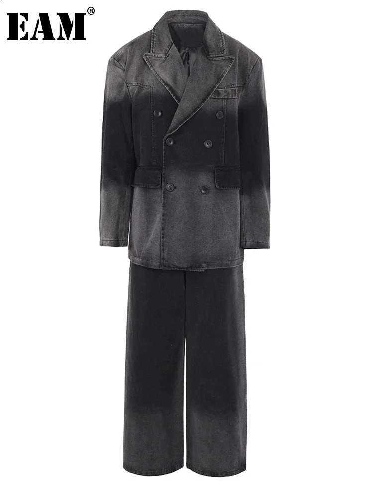 Grey plus denim jacket wide leg pants two-piece set lapel long sleeved womens fashion spring/summer 2024 CPG0798 240821