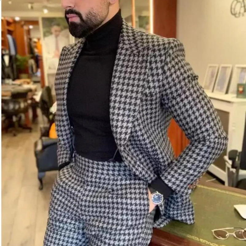 Houndstooth Mens Wedding Set slim suitable for African Italian and formal grooms wearing pants and checkered jacket 240821