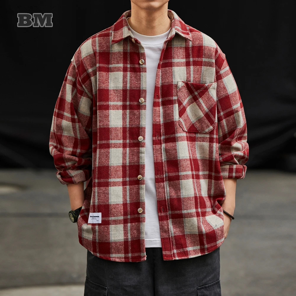 Spring Autumn Japanese Vintage Plaid Shirt For Men Clothing Harajuku High Quality Casual Long Sleeves Korean Fashion Tops Male 240820