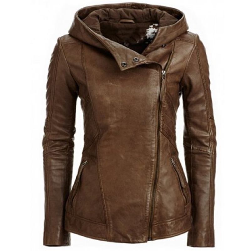 Autumn Winter European American Fashion Hooded Long-sleeve Vintage Inclined Zipper With Hat Womens Leather PU Jacket 240820
