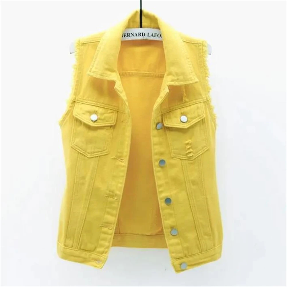 Autumn womens denim vest sleeveless vest student casual sleeveless top jeans jacket red pink purple yellow blue white 240821