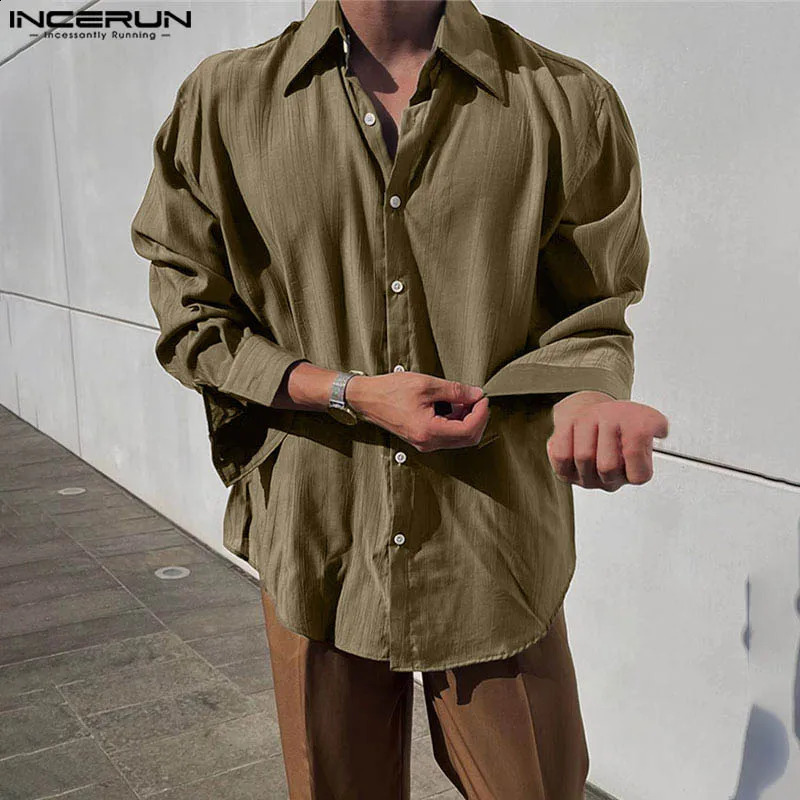 INCERUN hommes chemise couleur unie revers à manches longues Streetwear lâche décontracté hommes vêtements Style coréen mode hommes chemises S-5X