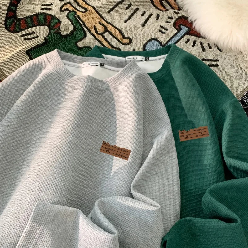 Fashion Men Print Casual Sweatshirts Autumn Winter Waffle Crew Neck Top Pullovers Large Size Hip-hop Male Clothing 240821