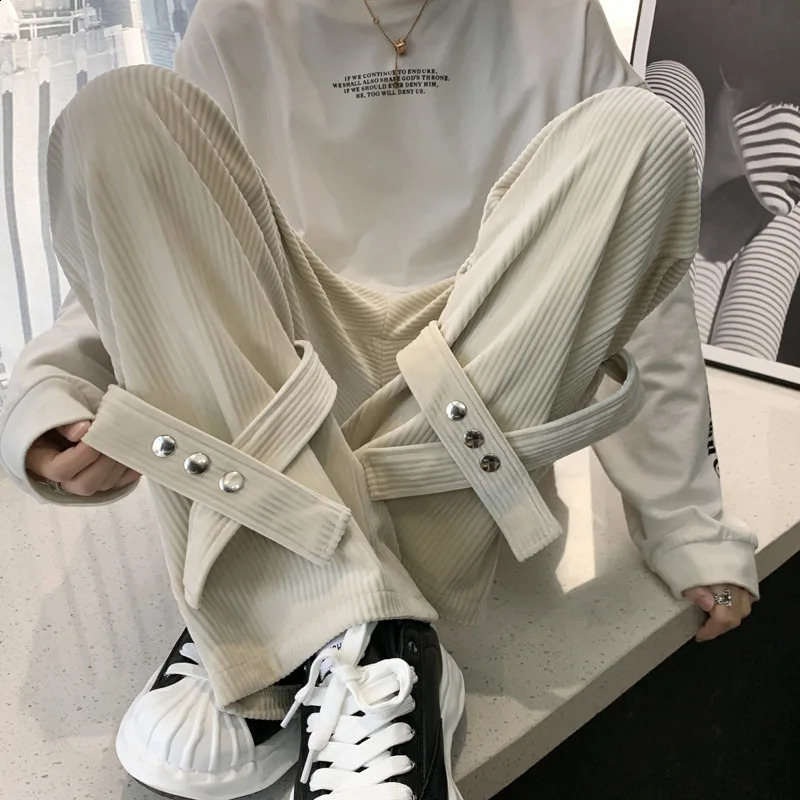 Houzhou pantalon de cargaison en velours côtelé des hommes streetwear pantalon cargo noir Hip Hop harajuku brun lâche japonais vintage coréen 240
