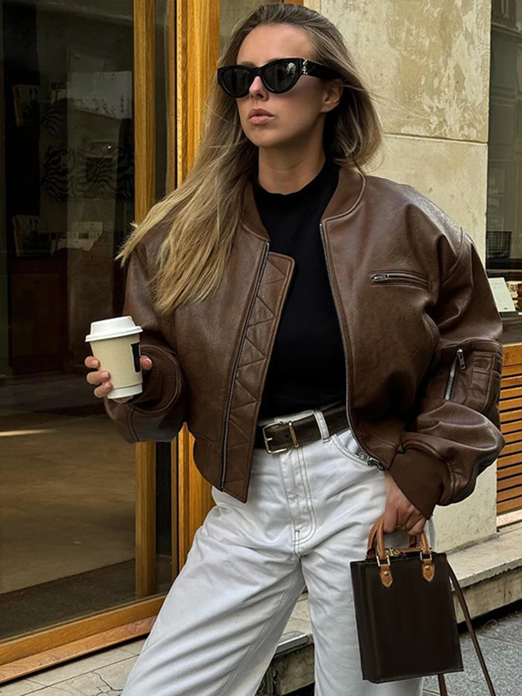 Vintage false Leather Bomber Jacket Women O-neck Zipper Pockets Loose Short Coat Autumn Lady High Street Outwear