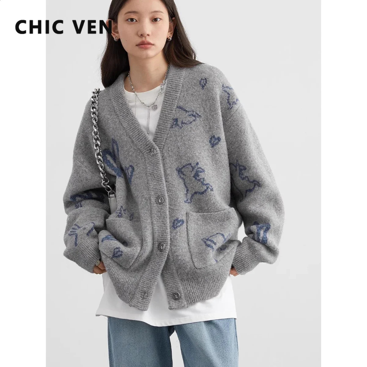 CHIC VEN Womens Sweaters Contrast Love Rabbit Jacquard Knitted Cardigan Female Jumpers Ladies Coat Autumn Winter 240820