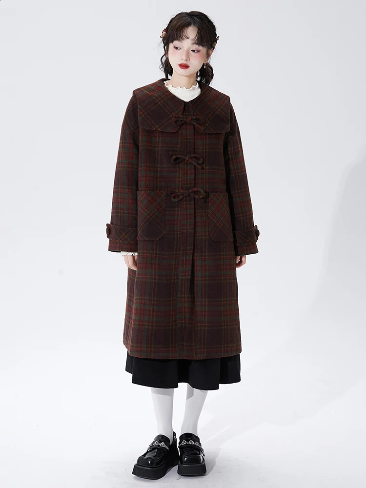 Autumn Winter Retro Plaid Vintage Sweet Cute Large Collar Mid-length Woolen Coat Bow Thick Warm Outwear Coats 240820