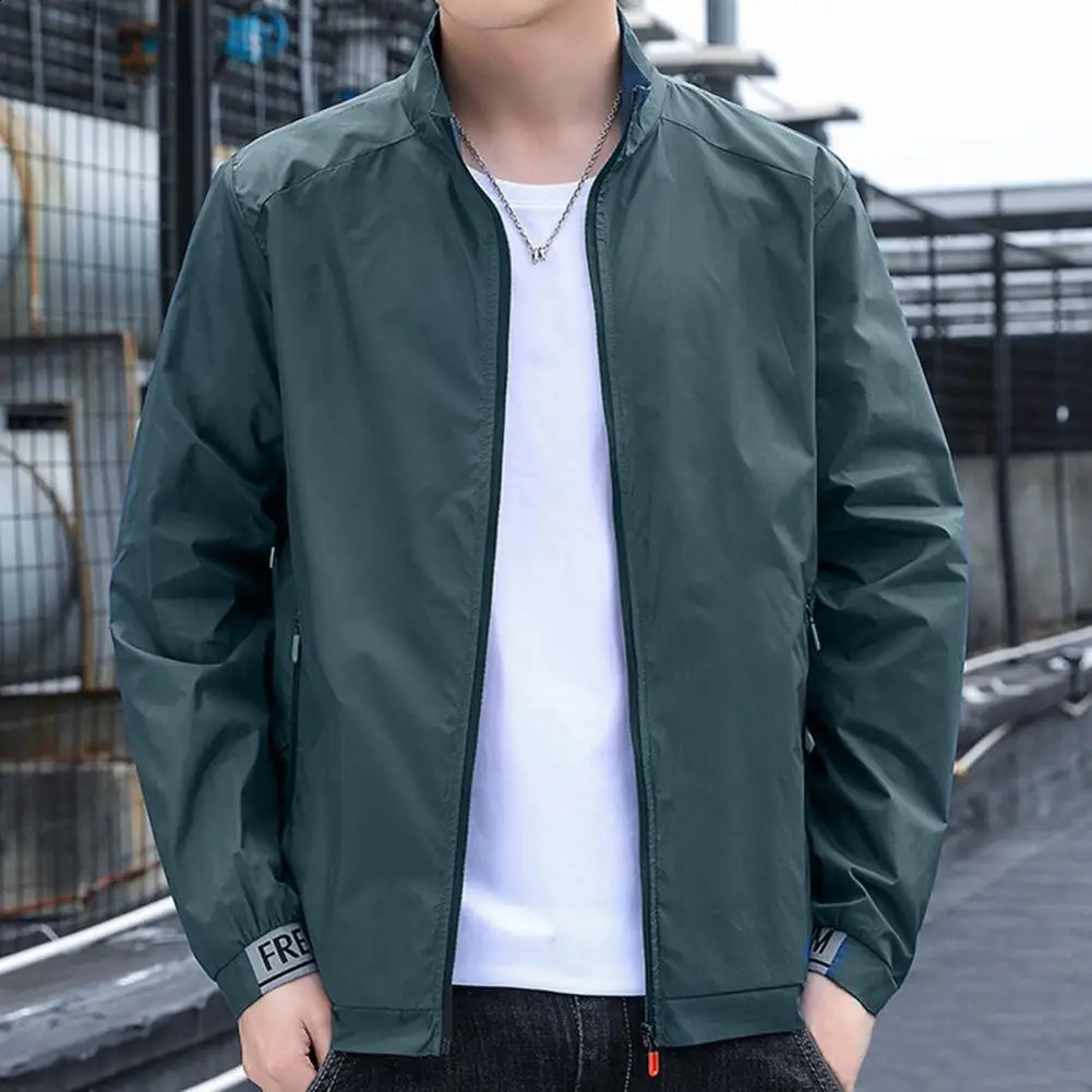 Men Jacket Long Sleeve Pocket Zipper Solid Color Standup Collar Elastic Cuff Sunscreen Coat Clothes 240820