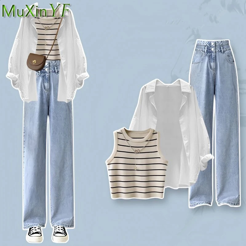 Spring and summer womens daily comfortable clothing set 2024 Korean womens fashion striped vest white loose shirt denim pants set denim pants set 24