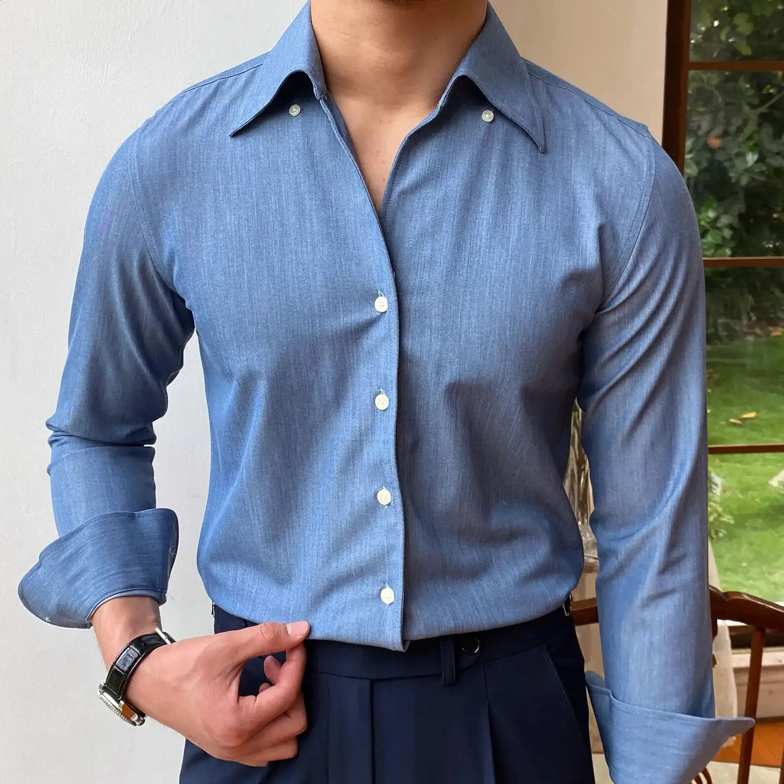 British Style Casual All-match Solid Color Summer Shirt Trendy Denim Blue Business Formal Dress Shirt Long Sleeve Shirt Men 240820
