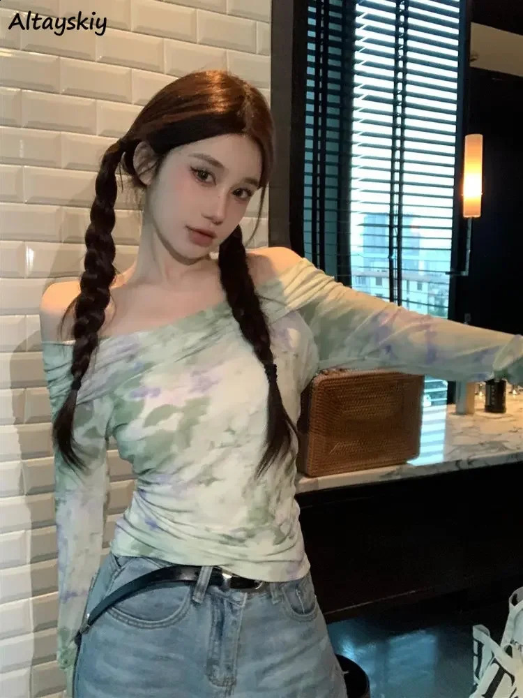 Slash Neck Thin T-shirts Women Spring Breathable Tie Dye Chic Sexy Korean Style sweet Slim Leisure Soft Fashion 240821